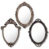 Beeveer 3 Style Vintage Mirrors Set Decorative Oval Wall Mirror Small Antique Mirrored Tray Decorative Hanging Mirror for Bathroom Bedroom Jewelry Organizer Victorian Decor (Shield,Antique Gold)