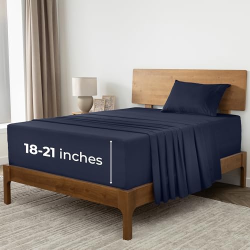 Image of Mellanni Extra Deep Twin XL Sheets - 3 PC Iconic Collection Bedding | Hotel Luxury, Ultra Soft, Cooling Bed Sheets - Wrinkle, Fade, Stain Resistant (Twin Extra Long, Navy Blue)