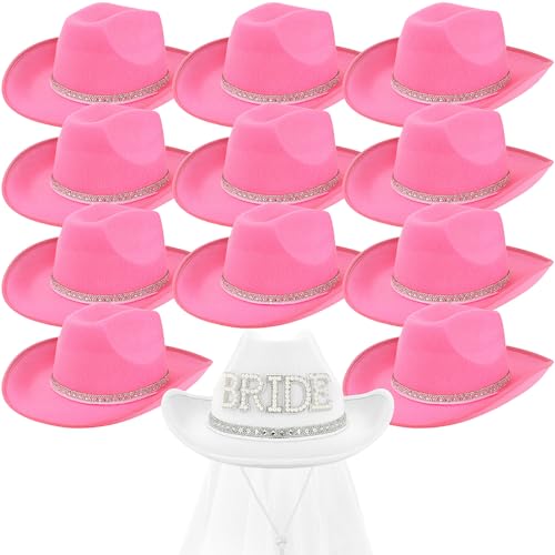 RWFMO 12 cappelli da cowboy da donna, per addio al nubilato, carini con coulisse regolabile, cappello western rosa, per addio al nubilato, feste di nozze, cosplay