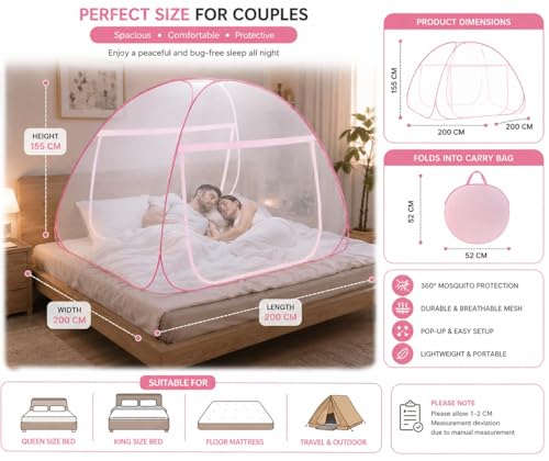 Image of Mosquito Net for Double Bed, 6.5x6.5 Feet 30 GSM Premium Double Bed Machardani, Strong and Durable, PVC Coated Tent Type, Foldable, Corrosion Resistant, King Size (White-Pink)