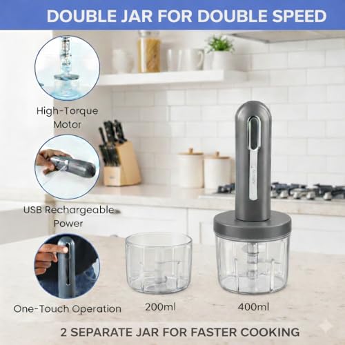 Image of Goodscity Portable Mini Electric Chopper| Dual Bowls 400ml & 200ml| Rechargeable Cutter for Kitchen, Babyfood| Vegetable Cutter for Garlic,Ginger,Onion,Nuts|1300mAh Strong Battery| 1 Year Warranty