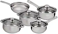 Conjunto de Panelas em Aço Inox 5 Peças com Tampas de Vidro Temperado – Panelas, Caçarolas e Frigideira com Design Moderno, Resistente e Sofisticado, Ideal para uma Cozinha Prática e Elegante.