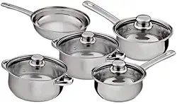 Conjunto de Panelas em Aço Inox 5 Peças com Tampas de Vidro Temperado – Panelas, Caçarolas e Frigideira com Design Moderno, Resistente e Sofisticado, Ideal para uma Cozinha Prática e Elegante.