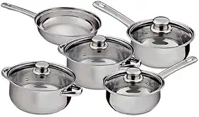 Conjunto de Panelas em Aço Inox 5 Peças com Tampas de Vidro Temperado – Panelas, Caçarolas e Frigideira com Design Moderno, Resistente e Sofisticado, Ideal para uma Cozinha Prática e Elegante.