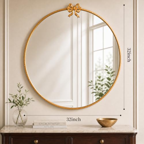 Image of 32 Inch Gold Circle Mirror, Bow Round Wall Mirror Vintage Gold Decor