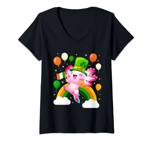 Mujer Lindo Kawaii Axolotl St Patricks Day Disfraz para niños Camiseta Cuello V
