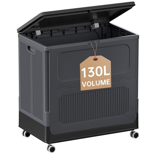 Image of HAIXIN HOME 130L Rolling Laundry Hamper with Lid, Large Plastic Laundry Basket for College Dorm, Foldable Stackable Dirty Clothes Hamper Organizer for Industry, Bedroom, Living Room, Bathroom - Black