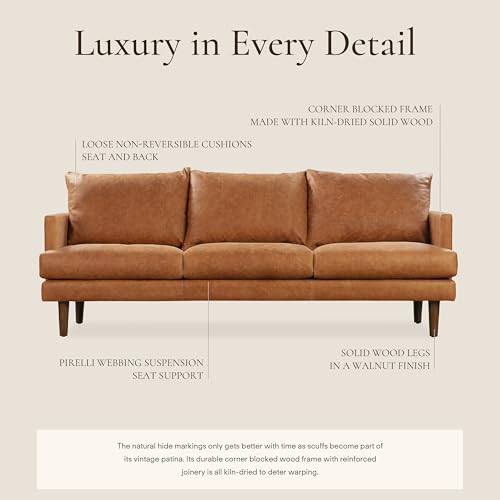 Image of POLY & BARK Girona 88 inch Sofa - Cognac Tan Full-Grain Pure-Aniline Italian Leather, Feather-Down Cushions, Kiln-Dried Solid Wood Frame, Walnut Legs