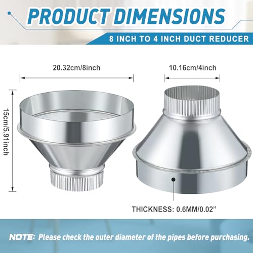 Otoolling 8 Inch to 4 Inch Duct Reducer Increaser Galvanized Steel Air Duct Adapter Round Crimped Pipe Connector Fitting Coupling for HVAC Ventilation Systems by Otoolling - Image 2