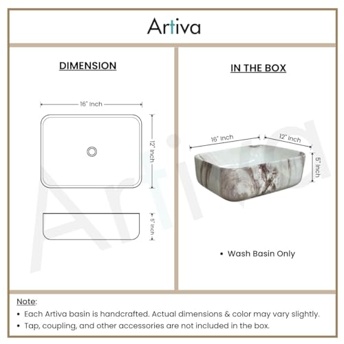 Image of Artiva Ceramic Wash Basin /Tabletop Washbasin For Bathroom,12 inchx16 inch /Small Countetop Bathroom Basin /Table Top Basin For Home,Office,Hotel /Rectangle Glossy Sink (Caramel Meroon,12x16 Inch)