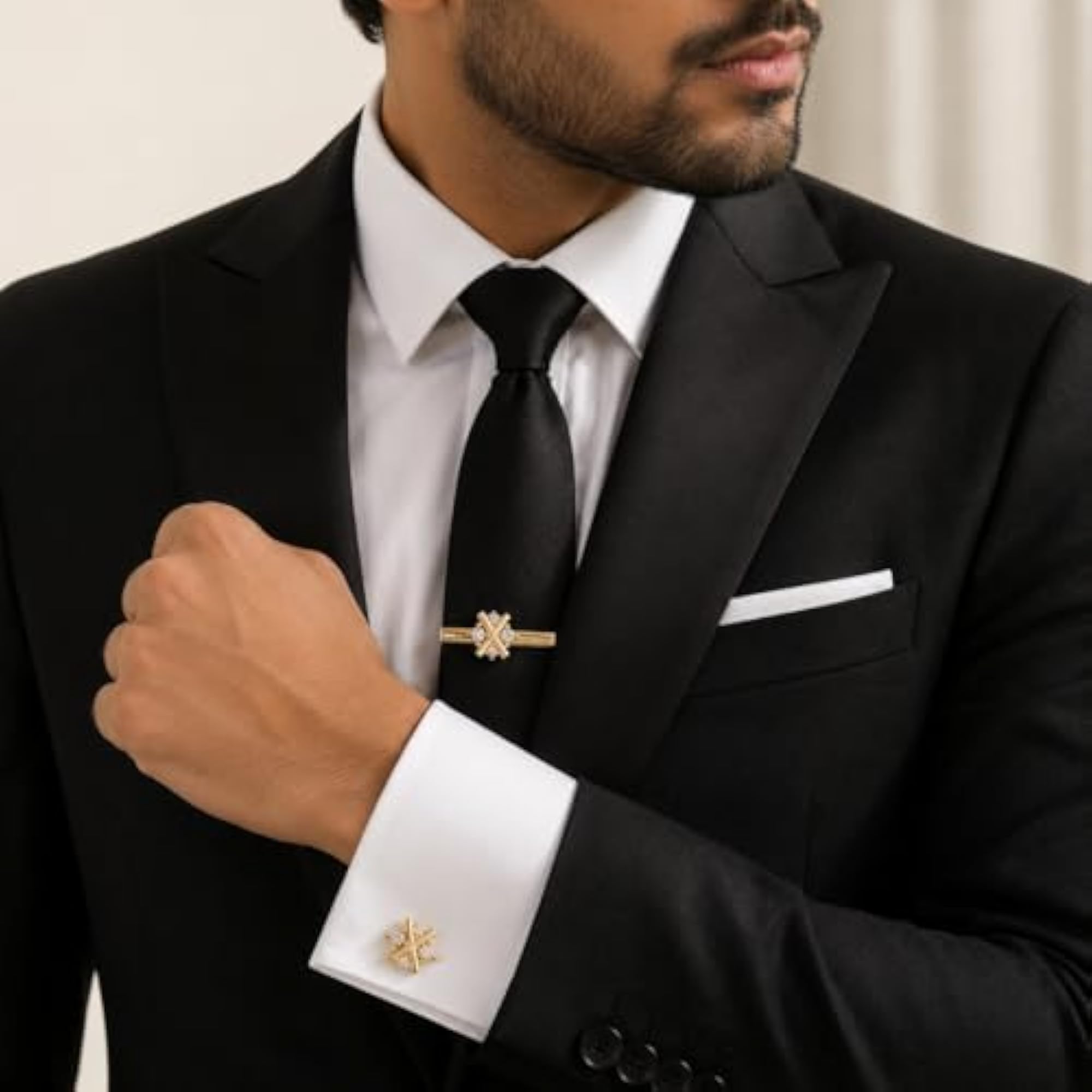 Men's Cufflinks Set with Diamonds Crystals and Tie Pin, Gift Box