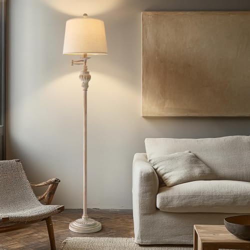 Image of Vintage Floor Lamp with 350 Adjustable Swing Arm 61 inch Lamps for Living Room | Antique Standing Lamp, Retro White Bedroom Floor Lamp, Mid Century Farmhouse Rustic Traditional Brass Tall Swivel Pole Lamp