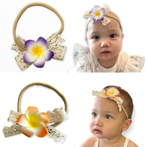 All Things Lani 2 Pack Handmade Hawaiian Plumeria Flower Headband for Babies Baby Girls (Lilac + Sunset)