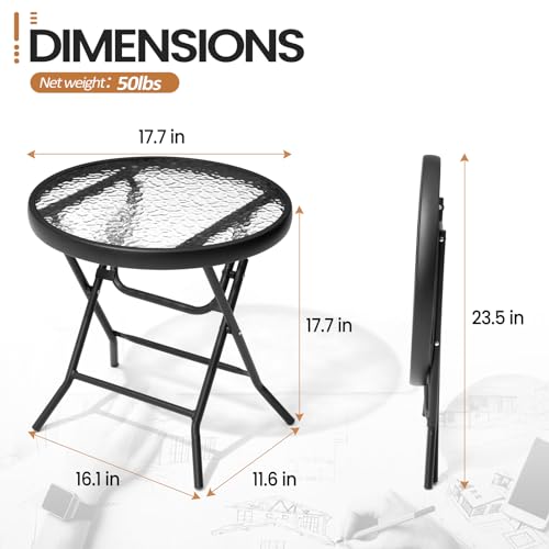 Patiohit TB045BLK-2 Foldable Patio Table Set Of 2 With Tempered Glass Top & High Strength Thickened Iron Pipe Bracket Folding Outdoor Side Tables,Small Round Metal End thumb #1