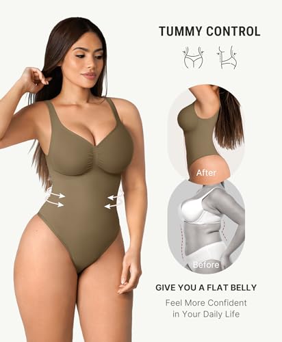 Image of FeelinGirl Shapewear Bodysuits for Women Tummy Control Thong Seamless V Neck Compression Body Suits Corset Top