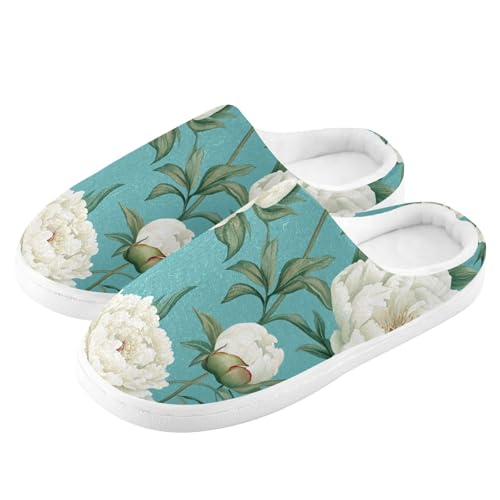JUNZAN Art Peonies Turquoise Women Cotton Slippers Winter Memory Foam Mens Slippers for Spa Funny Presents 6-74