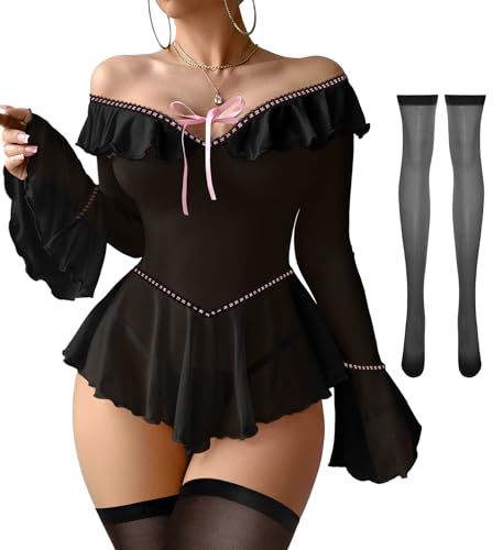 Image of Foxiny Sheer Ruffle Long Sleeve Babydoll Lingerie Dress | Off-shoulder neckline, flared cuffs and a flounce hem add movement; thong and thigh-high stockings complete the 3-piece set