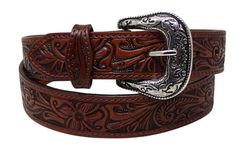Western 1-1/2" Floral Tooled Full-Grain Brown Leather Belt 26RS042