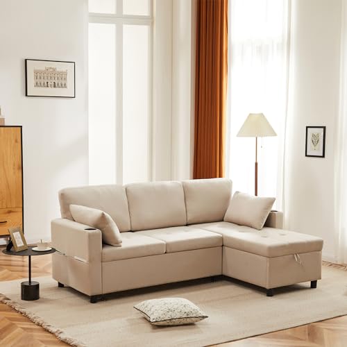 Merax3 Seater Sofa Bed, Beige Fabric Corner Sofa, L Shape Corner Sofa, 3 Seater Pull out Sofa with Storage, Convertible Settee Sectional Sofa for Living Room, Office