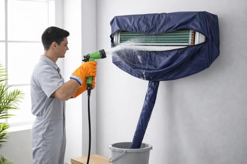 Image of Split AC Cleaning Kit Waterproof Service Cover with Drain Pipe, Cut Resistant Gloves & Adjustable Water Spray Gun | Best for Home & Professional Use | Compatible with 1-2 Ton AC (48 Inches)