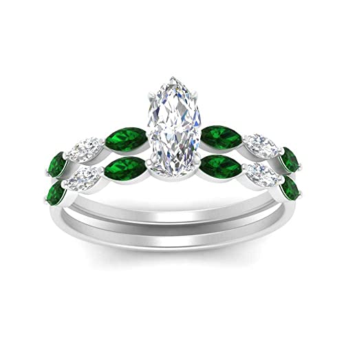 Image of 55Carat Choose Your Gemstone Single Prong Marquise Diamond CZ Ring and Band Sterling Silver Marquise Shape Wedding Ring Sets Matching Jewelry Wedding Jewelry Easy to Wear Gifts US Size 4 to 12