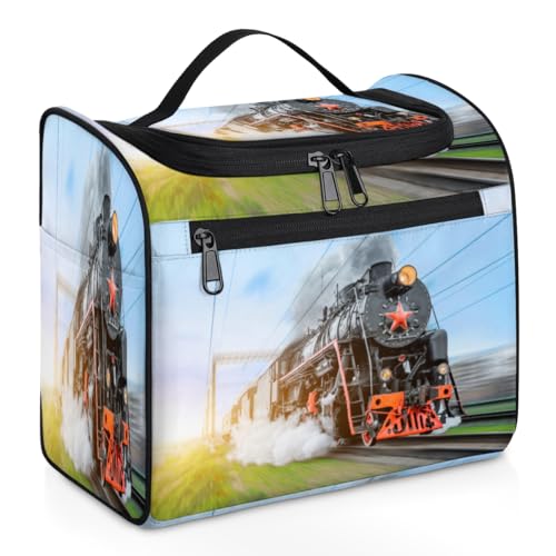 Borsa per il trucco da viaggio con treno a vapore nero per donne uomini ragazze e ragazzi vintage da 11.2 l borsa da bagno da appendere per articoli da toeletta cosmetici da doccia