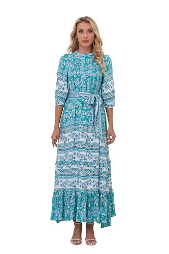 Image of Women Boho High-Waist Floral Print Maxi Dress 3 /4 Sleeve Casual | Soft Rayon, Breathable, Quick-Dry. High-Waist with Adjustable Belt, Flattering Hem. Ideal for Beach, Work & Dating.