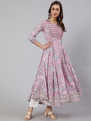 Image of Women Cotton Printed Round Neck 3 /4 Sleeve Flared Kurta