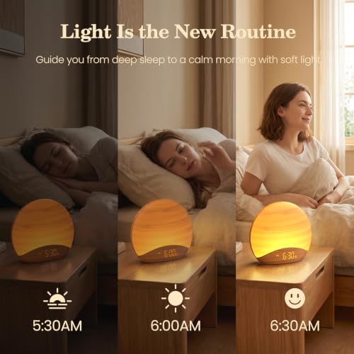 Image of REACHER Natural Wood Grain Sound Machine Sunrise Alarm Clock，26 Nature Inspired Sleeping Sounds, 0-100% Dimmable Clock, Night Light,Brown /Pink /White Noise Sound Machine for Babys, Kids, Adults
