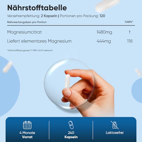 Magnesiumcitrat Kapseln gepuffert - 444mg Elementares Magnesium pro Portion - 240 vegane Kapseln - 4 Monate Vorrat Magnesium trägt zur Verringerung von Müdigkeit & Erschöpfung bei (EFSA) - WeightWorld – Bild 4