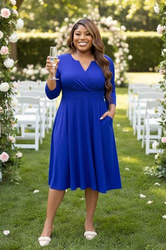 Image of Runwind Women's Plus Size Midi Dress 3 /4 Sleeve Fit and Flare Cocktail Dresses Casual V-Neck Dress with Pockets