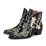 Women’s Western Ankle Boots Star Embroidered Cowgirl Boots Pointed Toe Low Heel with Metal Buckle for Festivals Concerts and Outdoor Adventures