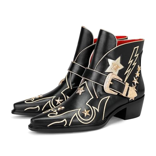 Women’s Western Ankle Boots Star Embroidered Cowgirl Boots Pointed Toe Low Heel with Metal Buckle for Festivals Concerts and Outdoor Adventures