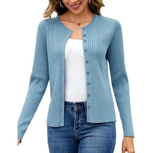 Totatuit Womens Button Down Cardigan Long Sleeve Casual Crewneck Knit Cardigans Sweater Tops Sea Blue Large