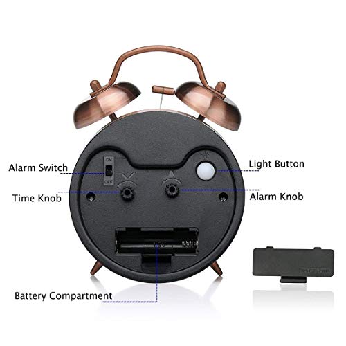 Image of Brass Vintage Twin Bell Table Top Alarm Clock with Night LED Light Analog Display Extra Loud Alarm Sound Copper Clock for Wake-up Time Morning Walk Home Decor(Copper-White, 11cm)