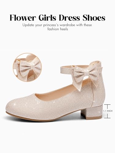 Image of Coutgo Girls Dress Shoes Flower Girl Bow Chunky Heels Closed Toe Ankle Strap Pumps Wedding Party Princess Shoes