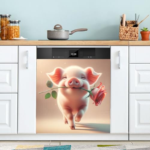Joli cochon avec une rose rouge magnétique pour lave-vaisselle - Autocollant décoratif pour lave-vaisselle - 58,4 x 66 cm