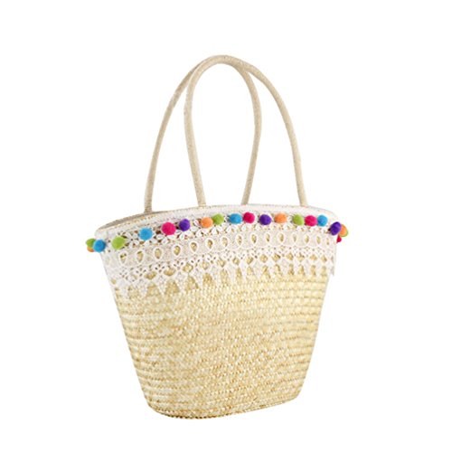 YOUJIA Damen Strandtaschen mit Spitzen-Quasten Stroh Gewebte Casual Elegant Sommer Einkaufen Totes Urlaub Handtaschens (Weißer Spitze, Eine Größe) Cover