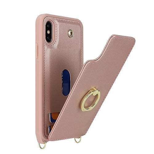Image of for iPhone Xs Max Case with Card Holder and Strap for Women,Crossbody Lanyard,Kickstand Ring Stand,Snap Clasp,Phone Wallet Cases 6.5 inch(Rose Gold)