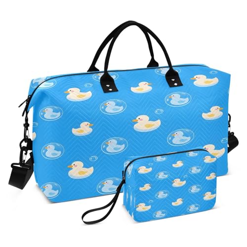 Travel Duffle Bag Weekender Bags Overnight Bag with Toiletry Bag Gym Duffel Bag Bubbles Blue Duck for Travel Business Trips Sport