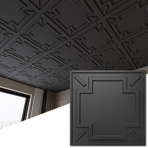 Image of Art3d Decorative Drop Ceiling Tile 2'x2', Glue-up 3D Textured Ceiling Panel, Plastic Sheet in Black(12 Pack)