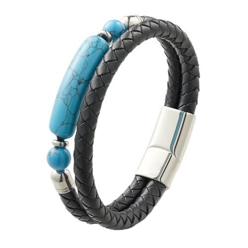 Mrcaois Mens Leather Bracelet with Turquoise Stone Bar Double Layer Braided Genuine Leather Wristband with Stainless Steel Clasp Ethnic Boho Turquoise Jewelry for Him -8.3in