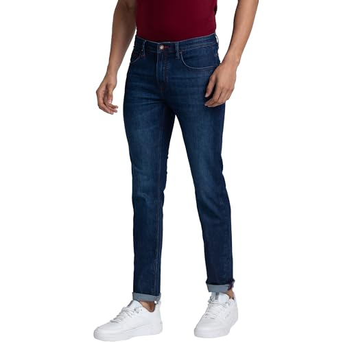 Image of Raymond Men's Mid Rise Cotton Blend Solid Pattern Slim Fit Flat Front Jeans