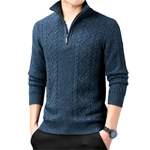Pull en laine homme premium col roulé zippé jacquard bleu nuit