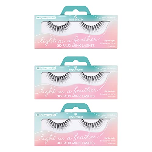 essence Light as a feather 3D faux mink lashes, künstliche Wimpern, Nr. 01, Schwarz, volumengebend, vegan, ohne Mikroplastikpartikel, Nanopartikel frei, ohne Parfüm, 3er Pack (3x1pair)