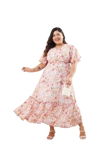 Image of Miss Chase A+ Women's Floral Wrap Chiffon Maxi Dress with Flutter Sleeves Frilled Hem