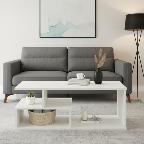 Image of FURNEASER Witely Coffee Table Modern Centre Table with Storage Shelves, Teapoy, Centerpiece Tea & Coffee Table for Living Room, Engineered Wood, Matte Finish, White, 90x45x36 cm