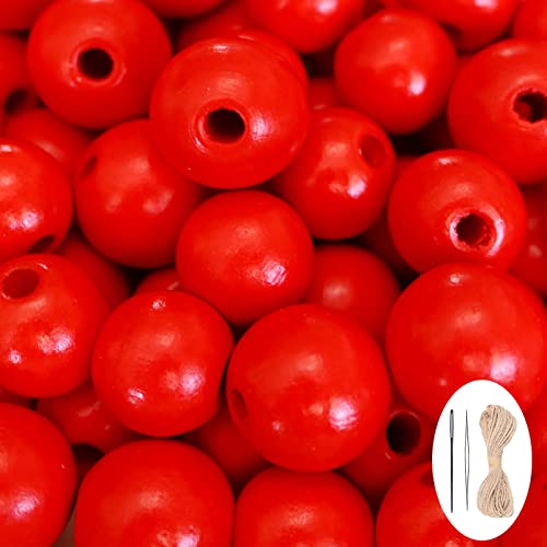 150Pcs Red Wooden Beads with Large Hole Round Loose Beads Natural Spacer Beading Supplies for Farmhouse Beaded Garland Necklace Bracelet Making Home Decor - 18mm
