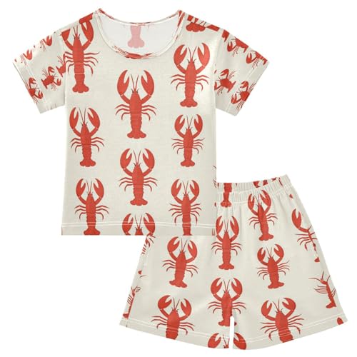 Pajama Sets Short Sleeve Red Lobster Pattern Print Soft Cotton Summer Sleepwear 2 Piece PJS Size 5-14T
