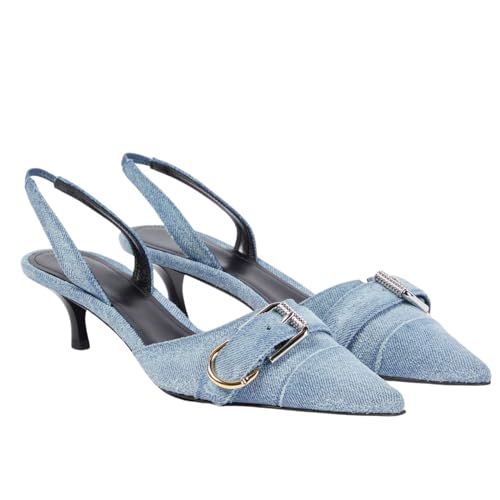 Goolita Denim Slingback Kitten Heels For Women, Pointed Toe Metals Buckle Heeled Sandals Strappy Slip on Office Dress Pumps Shoes3